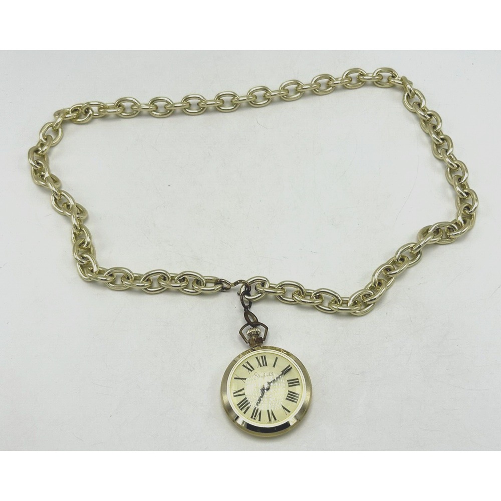 Vintage Chain Belt Womens Medium Faux Pocket Watch Sheffield Gold Tone Read